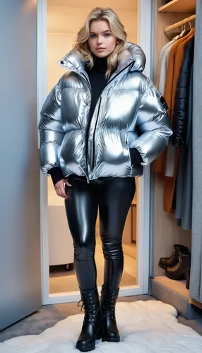 silver,aluminum,plus-size model,rain suit,futuristic,latex clothing,aluminium,pewter,outerwear,chrome steel,aluminium foil,workwear,fur clothing,high-visibility clothing,annemone,streampunk,protective suit,plus-size,shopping icon,fashion designer,Photography,General,Realistic