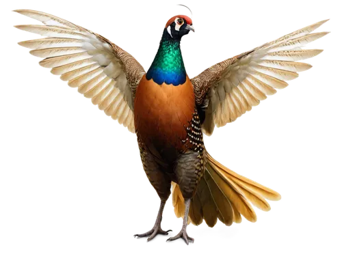 Pheasant, male, vibrant plumage, iridescent feathers, green head, golden brown body, long tail, spread wings, proud posture, forest floor, morning sunlight, warm color tone, shallow depth of field, ci