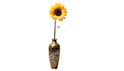 Sunflower, Art Nouveau style, tall stem, large bright yellow petals, dark brown center, delicate spiral patterns, ornate metal vase, soft focus, warm golden lighting, 3/4 composition, shallow depth of