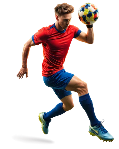 Sports stadium, panoramic view, evening sunset, golden hour, vibrant colors, dynamic lighting, muscular athlete, soccer player, footballer, athletic wear, sports shoes, energetic pose, jumping high, b