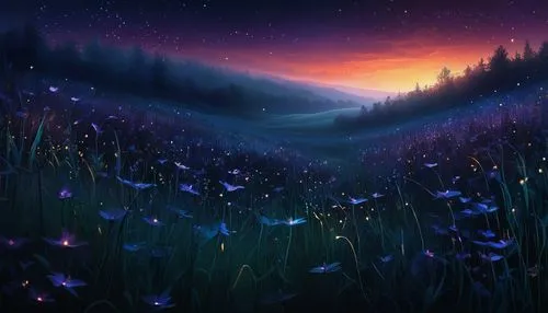 purple landscape,fireflies,cartoon video game background,twilight,meadow,fantasy landscape,Conceptual Art,Daily,Daily 32