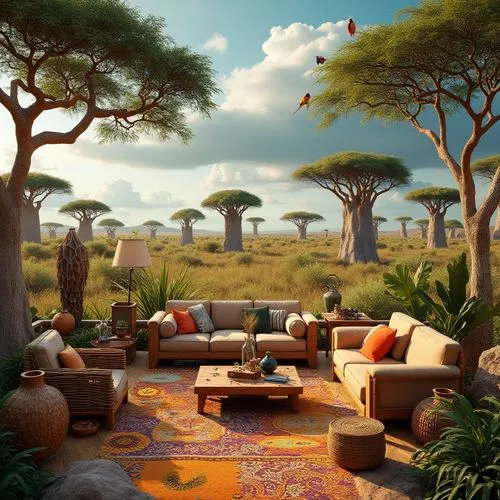 African savannah, eclectic elements, vibrant colors, mixed patterns, bold textures, wooden accents, natural materials, earthy tones, greenery surroundings, tall trees, Acacia leaves, Baobab trunks, ex