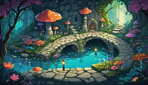 fairy village,wishing well,fairy world,fairy forest,mushroom landscape,fairy chimney,fairy house,witch's house,aquarium,mushroom island,terrarium,enchanted forest,crescent spring,game illustration,underwater oasis,koi pond,fantasy landscape,cave on the water,water spring,magical adventure,Illustration,Vector,Vector 01