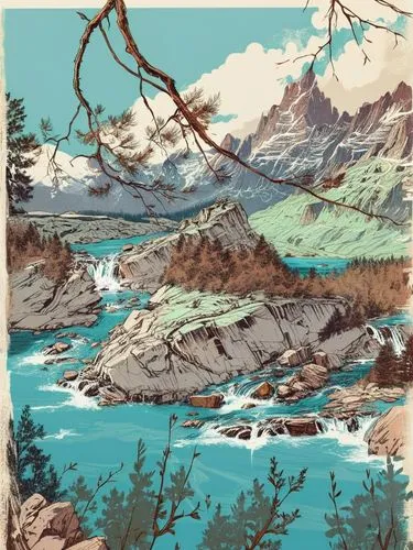  Mountain drawings, raging mountain river in turquoise color, mountain landscape, illustration,a drawing of a river with rocks and mountains in the background,chromolithography,travel poster,kawarau,c