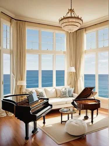 grand piano,steinway,beach house,great room,the piano,oceanfront,piano,ocean view,concerto for piano,oceanview,beachhouse,luxury home interior,window with sea view,pianoforte,play piano,steinways,beachfront,penthouses,living room,piano keyboard,Illustration,Retro,Retro 14