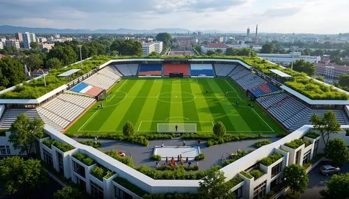 Eco-friendly soccer stadium, lush green roofs, rainwater harvesting systems, solar panels, wind turbines, recycled building materials, natural ventilation, large windows, transparent fa\u00e7ade, mini