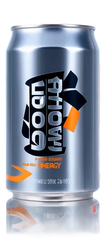 Boost energy drink, colorful can, silver metal, rounded shape, vibrant orange background, detailed label, shiny reflective surface, studio lighting, 3/4 composition, shallow depth of field, product ph