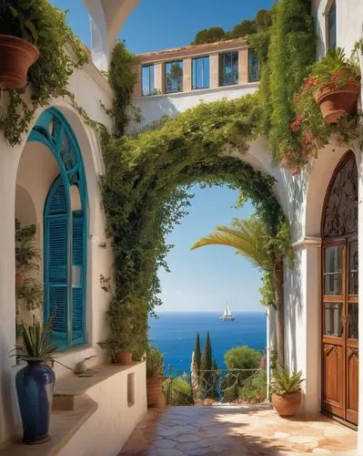 Mediterranean villa, white walls, blue windows, curved arches, terracotta roof tiles, lush greenery, potted plants, ornate iron railings, grand entrance, marble floors, wooden doors, rustic furniture,