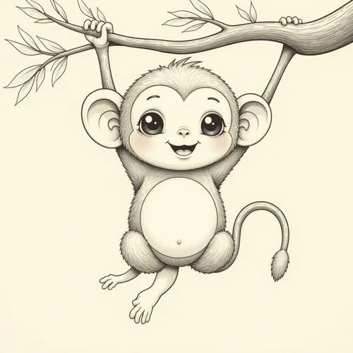 A baby monkey with a round body and a long, curled tail. It is hanging from a tree branch, with a friendly smile and large eyes. The drawing is composed of simple outlines and no color fill.

,a monke