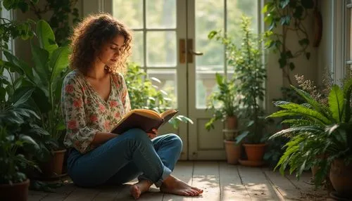 Indoor forest scenery, mature lady, 30s, curly brown hair, gentle makeup, floral pattern blouse, high-waisted jeans, bare feet, sitting cross-legged, reading book, surrounded by lush greenery, vines c