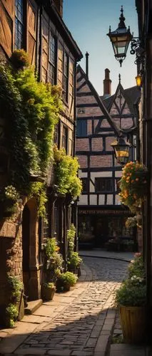 Shrewsbury medieval town, half-timbered Tudor-style buildings, steeply pitched roofs, ornate chimneys, exposed wooden beams, rustic stone walls, grand clock tower, intricate stonework, stained glass w