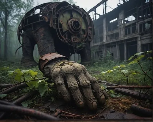 post apocalyptic,district 9,scrap iron,abandoned rusted locomotive,old hands,scrap collector,wasteland,fallout,post-apocalypse,bucket wheel excavator,forest workers,chernobyl,metal rust,fallout4,scrap metal,lost place,coal mining,luxury decay,environmental destruction,industries,Illustration,Retro,Retro 19