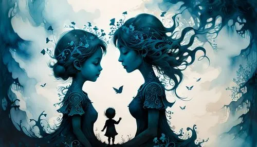 mirror of souls,mermaid background,watery heart,mermaid silhouette,love in the mist,children's fairy tale,two people,fantasy picture,sirens,amorous,parallel worlds,fairy tale,boy and girl,fairies,sci fiction illustration,couple silhouette,blue butterflies,fantasy art,parallel world,a fairy tale