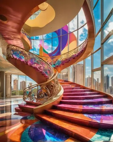 colorful spiral,colorful glass,spiral staircase,futuristic art museum,winding staircase,spiral art,kaleidoscape,winding steps,segerstrom,spiral stairs,staircases,staircase,largest hotel in dubai,colorful tree of life,circular staircase,spiralling,blavatnik,hotel lobby,escaleras,outside staircase,Conceptual Art,Oil color,Oil Color 23