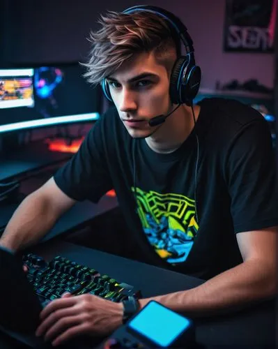 Discord moderator, d4vd gamer, youthful male, messy short hair, gaming headset, casual wear, black graphic t-shirt, ripped jeans, sneakers, sitting, leaning forward, intense facial expression, focused