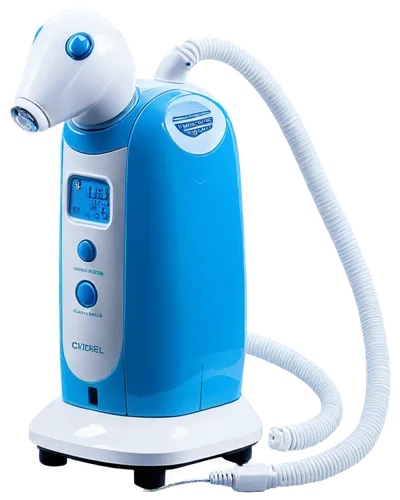 Medical device, nebulizer machine, white and blue body, cylindrical shape, mist output tube, mask attachment, electric cord, switch button, LED indicator lights, metal stand, rounded edges, smooth sur