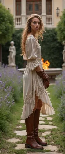 fashion country italian girl modeling for a mada fashion show. wears a long-sleeved leather gloves and thigh-high cuffed brown leather high boots as she standing. She wears a simple dress, her body co