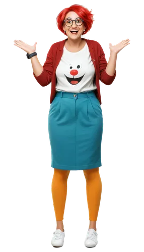 Cartoon style, comical expression, exaggerated facial features, bright colorful hair, big round glasses, red nose, smiling face, arms akimbo, legs bent in a funny pose, casual wear with cartoon patter