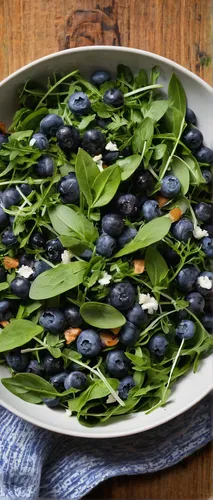 Horizontal overhead photo of a white serving bowl of Blueberry Arugula Herb Salad on a wood table.,spinach salad,sea salad,water spinach,salad niçoise,creamed spinach,callaloo,spinach,rajas con crema,