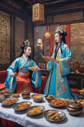 Write a humorous interaction between Xie Lian and Mu Qing during a feast at the Ghost City.,korean royal court cuisine,korean culture,oriental painting,chinese art,wedding banquet,huaiyang cuisine,anh