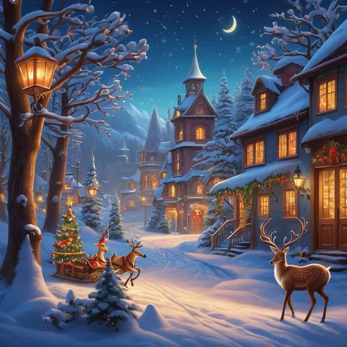 Develop whimsical Christmas illustrations with playful elves, magical reindeer, and festive stockings. Design a magical ambiance for an enchanting and fantastical holiday.,christmas landscape,christma