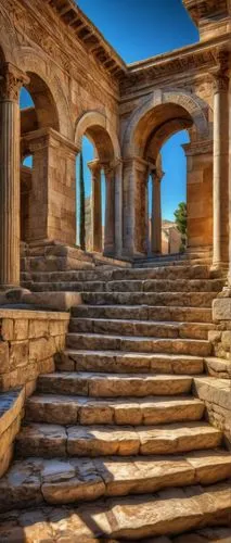 Ancient Greek-inspired, intricately carved stone blocks, weathered, rugged texture, ornate columns, classical arches, grandiose entrance, sprawling staircase, imposing facade, vibrant Mediterranean co