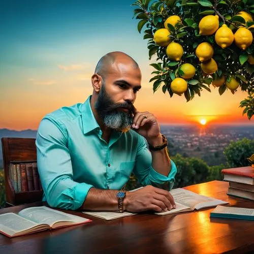 A focused and athletic man with a lean, fit build sits at a wooden desk overflowing with books of various sizes and colors, reflecting his dedication to knowledge. He has a beard and a shaved head, wi