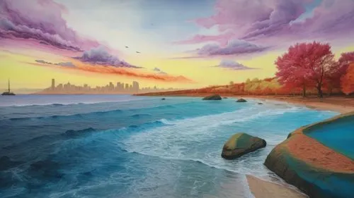 a painting of a beautiful view from the ocean,sea landscape,fantasy landscape,coastal landscape,landscape background,underwater landscape,beach landscape,Illustration,Realistic Fantasy,Realistic Fanta