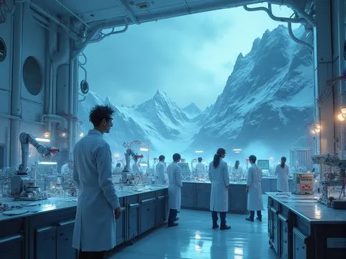 Futuristic laboratory, mountainous landscape, snowy peaks, misty atmosphere, neon lights illuminating the facility, sleek metallic architecture, glass domes, robotic arms, holographic projections, fut