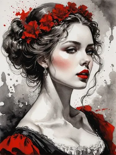 fashion illustration,red roses,red rose,red carnations,queen of hearts,red petals,red carnation,vampire woman,red paint,lady in red,rose white and red,vampire lady,victorian lady,art painting,red lipstick,rouge,the carnival of venice,scent of roses,romantic portrait,fantasy art,Conceptual Art,Daily,Daily 05