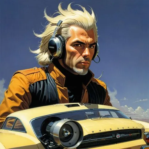 Drove a Datsun, an automatic, the radio blaring static. with electric in the air and peroxide in his hair they looked just like golden brothers,a man with white hair wearing headphones in front of a c