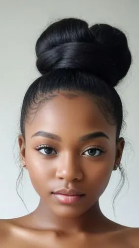 an adorable black woman with very long hair wearing a bun,thahane,akuapem,angolan,shekhinah,nomani,nigerian