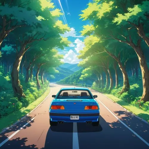 The headlights of a car zoom out from the back of a winding road, surrounded by lush green trees and a clear blue sky. The car's headlights are fixed on the road ahead, casting a soft glow on the car 