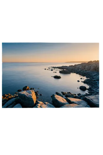 Panoramic view, serene horizon, endless blue sky, fluffy white clouds, golden sunrise, warm soft light, gentle waves, rocky shoreline, misty atmosphere, 3/4 composition, wide-angle lens, cinematic lig