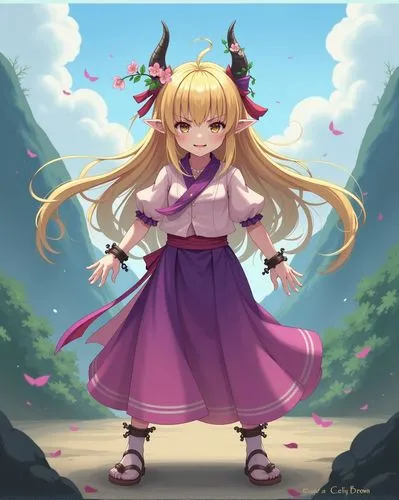 Suika Ibuki, wearing a tattered light pink blouse, a long purple and pink skirt, and three shackles with chains on her right arms and leg, (Suika Ibuki, very long blonde hair tied at the top with a re