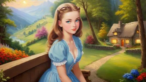 girl in the garden,dorthy,fairy tale character,landscape background,belle,housemaid,dorothy,fantasy picture,children's background,country dress,nessarose,world digital painting,cinderella,dirndl,romantic portrait,countrywoman,eilonwy,countrygirl,young girl,photo painting