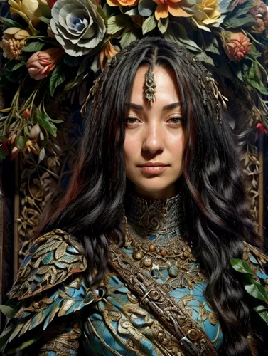 fantasy portrait,girl in a wreath,eurasian,wreath of flowers,russian folk style,fantasy art,golden wreath,girl in flowers,mulan,jaya,portrait of a girl,artemisia,azerbaijan azn,bran,mystical portrait of a girl,throne,floral wreath,accolade,girl portrait,portrait background