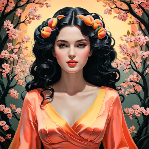 jasmine blossom,geisha girl,plum blossom,plum blossoms,geisha,fantasy portrait,oriental princess,peach blossom,orange blossom,jasmine flower,girl in a wreath,cherry flower,kumquat,peach flower,apricots,blossoming apple tree,wreath of flowers,red magnolia,apricot blossom,rowanberry,Illustration,Vector,Vector 09