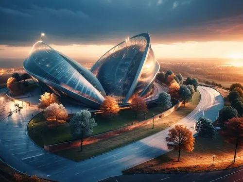 stadium ,futuristic building with curved roof that appears to be falling apart,futuristic architecture,futuristic art museum,futuristic landscape,futuroscope,morphosis,arcology,Photography,General,Fan