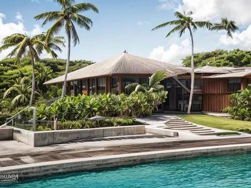 -tropical building, near the beach, with coconut trees
,holiday villa,tropical house,seychelles,fiji,pool house,tahiti,samoa,house by the water,luxury property,polynesian,mauritius,tropical island,bal