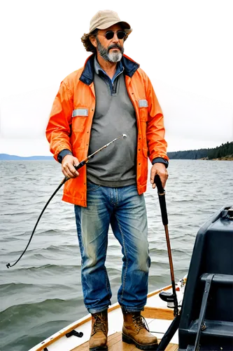 Fisherman, middle-aged man, rugged face, strong jawline, worn-out hat, sunglasses, wind-blown hair, thick beard, orange life jacket, grey sweater, ripped jeans, rubber boots, holding fishing rod, stan