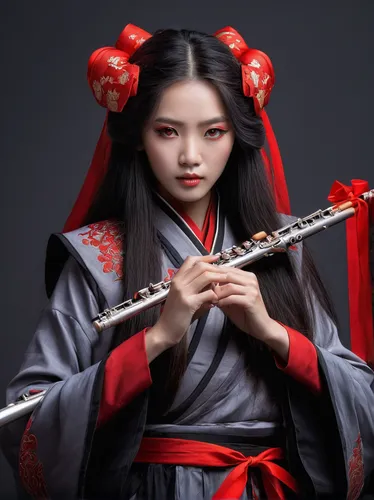 Photo wallpaper grey background, flute, red eyes, long hair, red ribbon, black magic, Chinese clothing, Mo Dao …,geisha girl,geisha,erhu,bamboo flute,traditional korean musical instruments,beautiful g