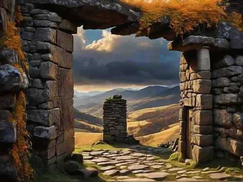 stone gate,background with stones,fantasy landscape,stone oven,ireland,landscape background,fantasy picture,doorway,scottish highlands,doorways,snowdonia,scotland,windows wallpaper,mountain landscape,drystone,dinorwic,home landscape,ancient house,stone background,archway,Illustration,Black and White,Black and White 31