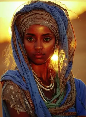 a girl in blue with beads and a bright sun,afar tribe,tuareg,ethiopian girl,tuaregs,mccurry,ethiopian,Illustration,Realistic Fantasy,Realistic Fantasy 41