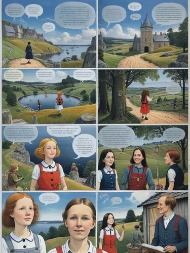 Become part of our adventurous comic page and experience the exciting story! With English text in boxes, speech and thought bubbles.,the book page shows the story of two girls and one boy, each with t