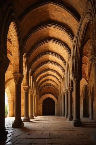 Vaults, Romanesque architecture, stone walls, Gothic ribbed arches, ornate carvings, stained glass windows, grand chandeliers, intricate mosaics, dim warm lighting, atmospheric ambiance, solemn atmosp