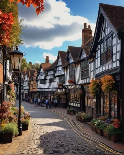 canterbury,shrewsbury,ledbury,guildford,townscapes,wilmslow,ludlow,aldunate,hertford,lichfield,bewdley,alderley,godalming,albans,sandbach,nantwich,half-timbered houses,inglaterra,bridgnorth,colchester,Illustration,Abstract Fantasy,Abstract Fantasy 07