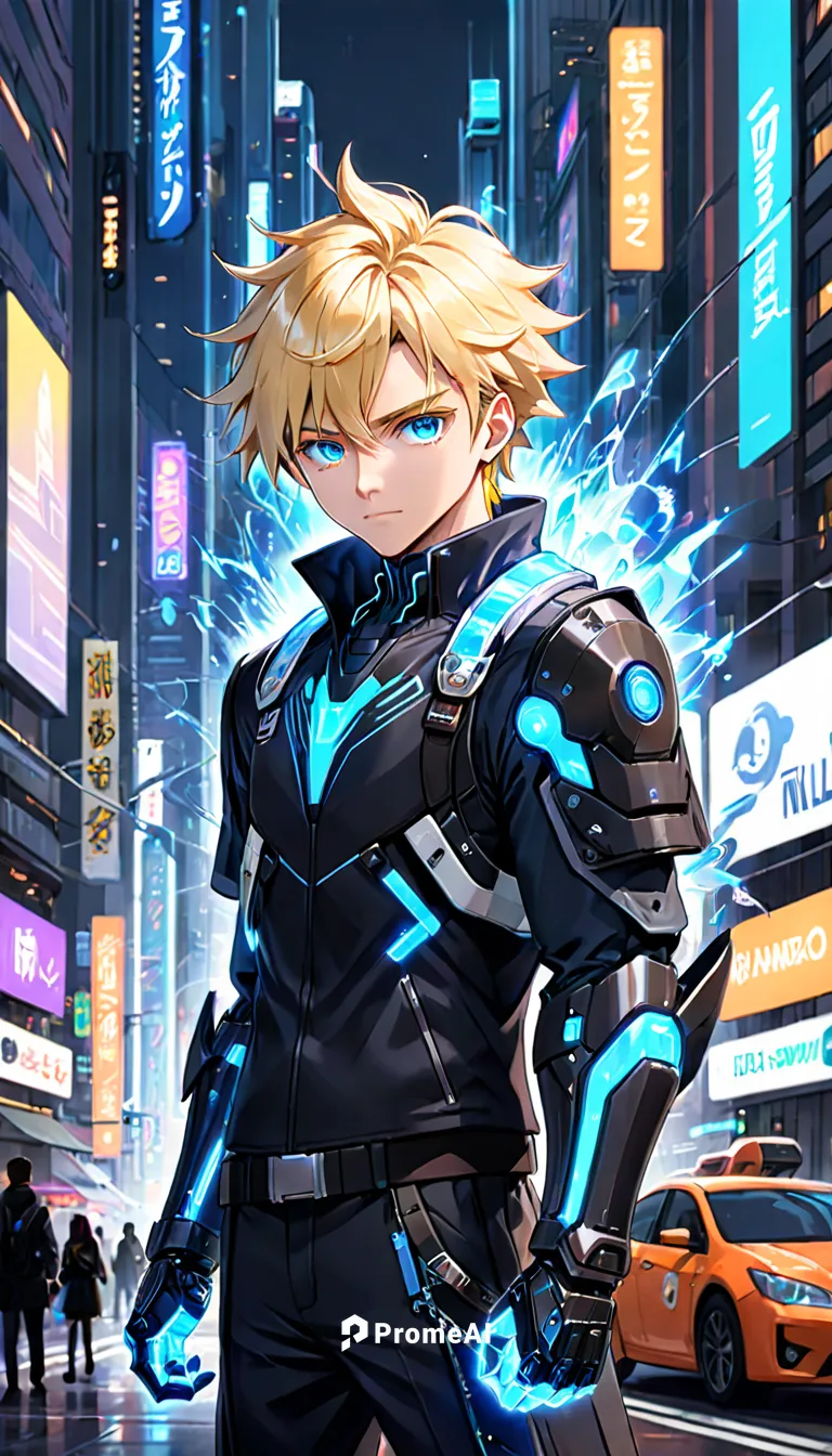 Create a realistic, highly detailed full-body portrait of a male character in a futuristic urban setting. The character is named Mateo. He has an athletic build, with spikey blonde hair and piercing b