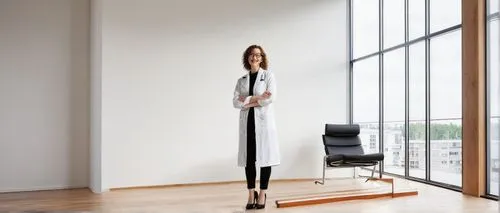 Aalto University, Arts Design and Architecture Doctorate, female PhD student, 25yo, curly brown hair, glasses, elegant smile, white lab coat, black dress, high heels, holding a large architectural mod