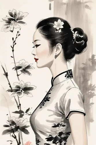 geisha girl,geisha,cheongsam,oriental girl,oriental princess,japanese woman,diaochan,qibao,geiko,maiko,vietnamese woman,oriental,hanfu,oriental painting,oiran,daiyu,mulan,kunqu,yuexiu,plum blossom,Illustration,Paper based,Paper Based 30